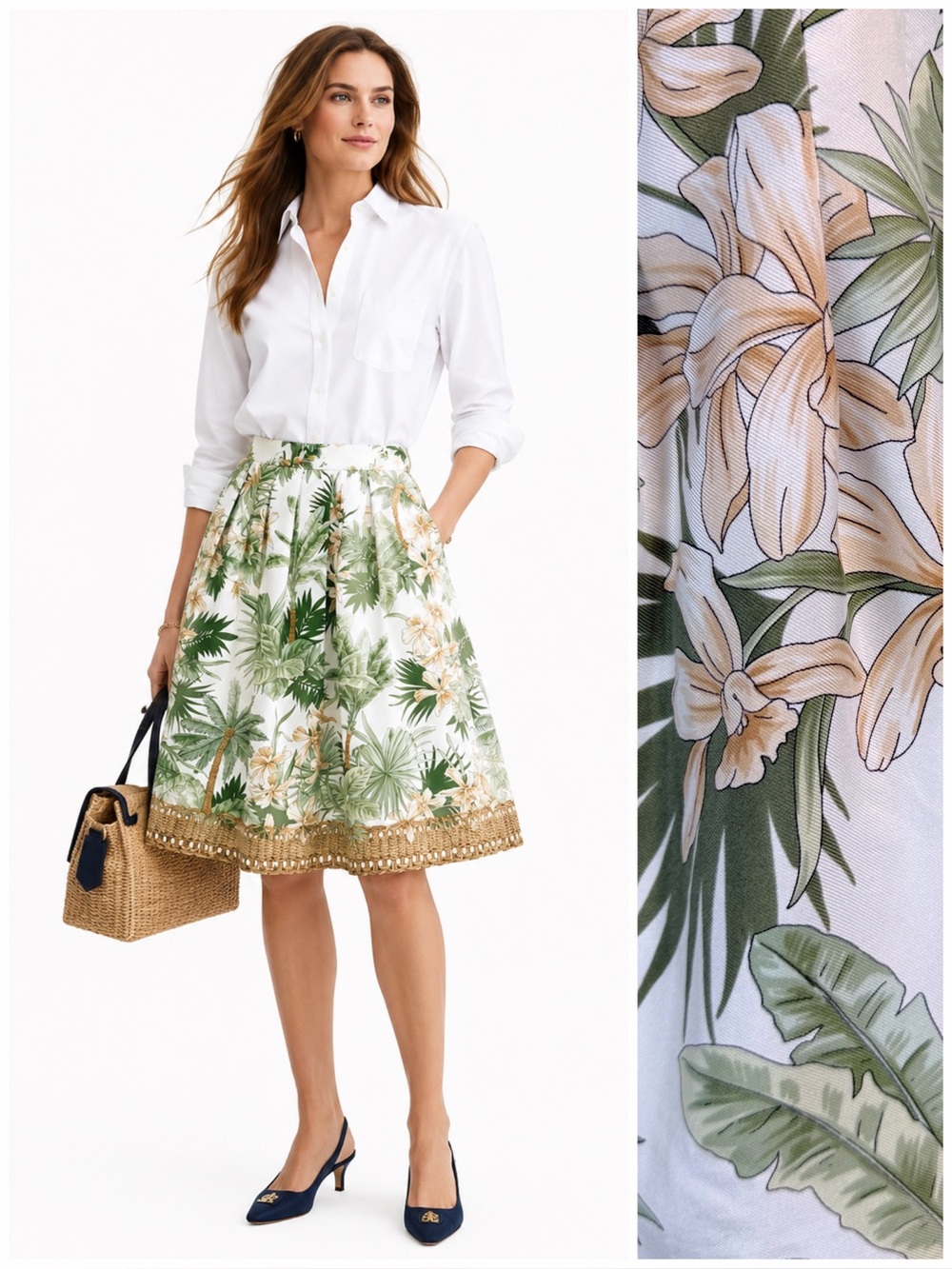 Brooks Brothers Silk Tropical Palm Print A-Line Skirt 12 Coastal Grandma Resort